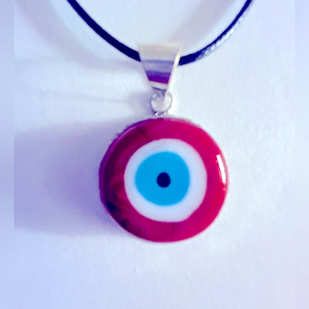 NWOT necklace Red & blue Evil Eye glass 1”, .925 silverplate,  18” cord